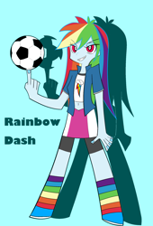 Size: 1500x2200 | Tagged: artist needed, source needed, safe, character:rainbow dash, my little pony:equestria girls, belly button, clothing, female, football, midriff, panty and stocking with garterbelt, parody, rainbow socks, socks, solo, sports, striped socks, style emulation