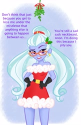 Size: 2597x4000 | Tagged: artist needed, source needed, safe, character:sugarcoat, my little pony:equestria girls, christmas, clothing, costume, dialogue, dress, female, gloves, hand on hip, holiday, imminent kissing, looking at you, mistletoe, open mouth, raised eyebrow, santa costume, solo, tsundere, tsunderecoat