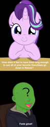 Size: 744x1877 | Tagged: artist needed, safe, character:starlight glimmer, oc, oc:anon, species:human, species:pony, species:unicorn, /mlp/, 4chan, comic, dialogue, drama, drawthread, female, human male, male, mare, op is a duck, op is trying to start shit, red letter media, starlight drama