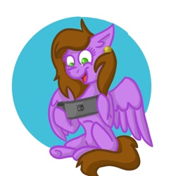 Size: 1200x1200 | Tagged: artist needed, safe, oc, oc only, oc:lilac sciath, species:pegasus, species:pony, abstract background, cute, doodle, ear piercing, earring, female, happy, jewelry, mare, nintendo, nintendo switch, piercing, playing, smiling, solo, tongue out, video game
