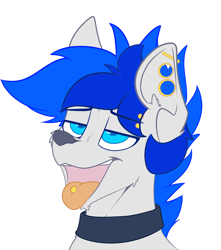 Size: 1480x1672 | Tagged: artist needed, safe, oc, oc:turquoise, species:dog, ahegao, awoo, barely pony related, bust, ear piercing, furry, gauges, lidded eyes, open mouth, piercing, simple background, style emulation, tongue out, tongue piercing, white background
