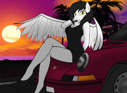 Size: 1280x930 | Tagged: artist needed, source needed, safe, oc, oc only, oc:carrera sky, species:anthro, species:pegasus, species:plantigrade anthro, species:pony, black dress, breasts, car, cleavage, clothing, digital art, dress, female, high heels, little black dress, looking at you, mare, pinup, porsche, porsche 911, shoes, sitting, solo, sun, sunset