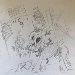 Size: 3024x3024 | Tagged: artist needed, safe, artist:anonymous, character:princess luna, species:alicorn, species:pony, loony luna, black sclera, falcon 9, fangs, game boy, monochrome, rocket, s1 luna, sabotage, smiling, solo, spacex, traditional art, wires