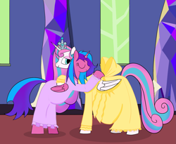 Size: 2225x1821 | Tagged: artist needed, safe, character:princess flurry heart, oc, oc:melody aurora, parent:flash sentry, parent:twilight sparkle, parents:flashlight, species:alicorn, species:pony, adult, alicorn oc, belly, big belly, clothing, cousins, dress, female, hug, impossibly large belly, mare, maternity dress, multiple pregnancy, offspring, older, pregnant