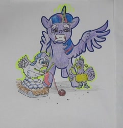 Size: 466x484 | Tagged: artist needed, source needed, safe, character:rarity, character:spike, character:twilight sparkle, character:twilight sparkle (alicorn), species:alicorn, species:bird, species:chicken, species:pony, species:rooster, ship:sparity, birdified, egg, female, glowing horn, hen, magic, male, shipping, species swap, spread wings, straight, thumbs up, traditional art, wings