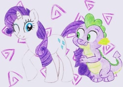 Size: 791x557 | Tagged: artist needed, safe, character:rarity, character:spike, species:dragon, species:pony, species:unicorn, ship:sparity, abstract background, female, male, mare, shipping, smiling, straight, traditional art