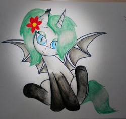 Size: 2302x2160 | Tagged: artist needed, safe, oc, oc only, oc:princess margarita, species:alicorn, species:bat pony, species:pony, alicorn oc, bat pony alicorn, drawing, female, flower, flower in hair, gradient hooves, looking at you, slit eyes, solo, traditional art