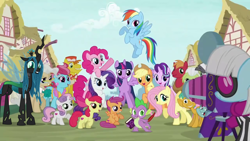 Size: 1280x720 | Tagged: safe, edit, edited screencap, screencap, character:apple bloom, character:applejack, character:big mcintosh, character:carrot cake, character:cup cake, character:fluttershy, character:granny smith, character:mayor mare, character:photo finish, character:pinkie pie, character:queen chrysalis, character:rainbow dash, character:rarity, character:scootaloo, character:snails, character:snips, character:spike, character:starlight glimmer, character:sweetie belle, character:twilight sparkle, character:twilight sparkle (alicorn), character:zecora, species:alicorn, species:changeling, species:dragon, species:earth pony, species:pegasus, species:pony, species:unicorn, species:zebra, adorkable, alternate ending, alternate scenario, alternate universe, camera, changeling queen, colt, cute, cutealis, dork, dorkalis, excited, faec, female, good end, grin, happy, intro, irrational exuberance, male, mare, one of these things is not like the others, opening, reformed, season 7, silly, silly pony, smiling, squee, stallion, theme song, what if, when she smiles