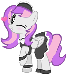 Size: 2214x2492 | Tagged: artist needed, source needed, safe, oc, oc only, oc:amethyst lullaby, species:pegasus, species:pony, clothing, costume, female, heart, maid, mare, one eye closed, simple background, solo, transparent background, wink