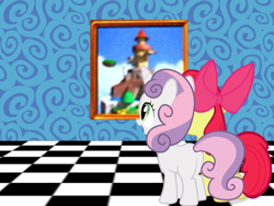 Size: 800x600 | Tagged: artist needed, safe, edit, character:apple bloom, character:sweetie belle, checkered floor, super mario 64, super mario bros., whomp's fortress