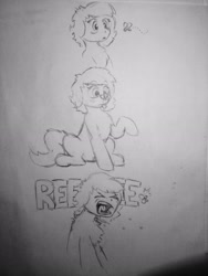 Size: 2448x3264 | Tagged: artist needed, safe, oc, oc only, oc:filly anon, species:pony, angry, blushing, butterfly, chest fluff, eyes closed, female, filly, open mouth, raised eyebrows, raised hoof, reeee, sitting, sketch, solo, tongue out, traditional art, yelling