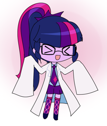 Size: 691x815 | Tagged: artist needed, safe, character:twilight sparkle, character:twilight sparkle (scitwi), species:eqg human, my little pony:equestria girls, >.<, clothing, cute, description is relevant, drawthread, female, glasses, gradient background, lab coat, necktie, open mouth, oversized clothes, request, solo, squint, twiabetes