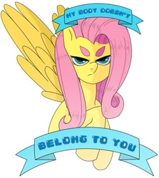 Size: 500x560 | Tagged: artist needed, safe, character:fluttershy, species:pegasus, species:pony, captain obvious, female, feminism, feminist ponies, mare, mouthpiece, simple background, solo, subversive kawaii, thick eyebrows, white background