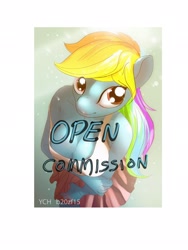 Size: 1536x2048 | Tagged: artist needed, safe, artist:20zf15, artist:b20zf15, character:rainbow dash, species:anthro, species:pegasus, species:pony, advertisement, auction, auction open, bid, boob squish, breasts, cleavage, commission, female, humanized, open commission, solo, your character here
