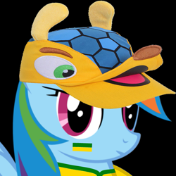 Size: 645x645 | Tagged: artist needed, safe, character:rainbow dash, species:pony, aliasing, black background, brazil, bust, cap, clothing, cropped, face paint, female, flag, football, fuleco, hat, jersey, looking at you, mare, paint, portrait, profile picture, shirt, simple background, solo, sports, world cup, world cup 2014