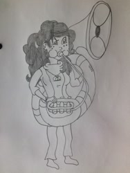Size: 2448x3264 | Tagged: artist needed, source needed, safe, oc, oc only, oc:lily orchard, oc:lily peet, my little pony:equestria girls, bhaalspawn, female, freckles, lily orchard, lily peet, monochrome, musical instrument, solo, sousaphone, traditional art, tuba
