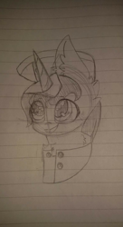 Size: 1003x1840 | Tagged: artist needed, safe, oc, oc only, oc:ragtime melody, species:pony, species:unicorn, bust, heart eyes, lined paper, monochrome, sketch, solo, traditional art, wingding eyes, world war i
