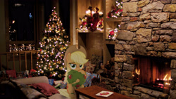 Size: 3840x2160 | Tagged: artist needed, safe, edit, character:applejack, episode:hearth's warming eve, g4, my little pony: friendship is magic, christmas, christmas lights, christmas stocking, christmas tree, female, fireplace, holiday, irl, photo, photoshop, tree