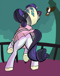 Size: 472x600 | Tagged: artist needed, safe, character:rarity, species:bird, species:pony, species:unicorn, camping outfit, clothing, female, glasses, plot, sparrow
