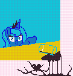 Size: 968x1008 | Tagged: artist needed, source needed, safe, character:princess luna, species:alicorn, species:pony, /mlp/, chocolate, chocolate milk, everything is ruined, exploitable meme, heart, meme, milk, pixel art, pixelcanvas, pure unfiltered evil, solo, spilled milk, void