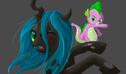 Size: 1163x686 | Tagged: artist needed, safe, character:queen chrysalis, character:spike, species:changeling, species:dragon, species:pony, baby, baby dragon, badass, badass adorable, bitch slap, blood, changeling queen, confused, cute, cutealis, duo, epic, fangs, female, fight, former queen chrysalis, frown, gray background, injured, male, mare, one eye closed, open mouth, payback, punch, revenge, rivalry, simple background, smiling, smirk, spikabetes, surprised