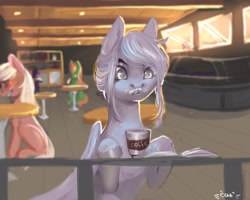 Size: 2834x2268 | Tagged: artist needed, source needed, safe, oc, oc only, species:pony, blurred background, blushing, book, cafe, coffee, messy eating, sitting, table