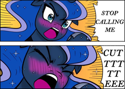Size: 960x685 | Tagged: artist needed, safe, edit, editor:childofthenight, character:princess luna, species:alicorn, species:pony, angry, blushing, comic, crossing the memes, cute, dialogue, eyes closed, female, floppy ears, frown, glare, i'm not cute, mare, meme, open mouth, solo, sweat, tsundere, wide eyes, yelling