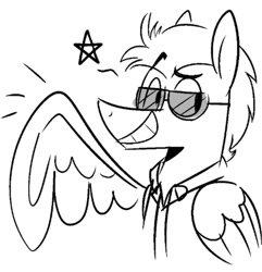 Size: 642x666 | Tagged: artist needed, safe, oc, oc only, oc:toffee scotch, species:pegasus, species:pony, black and white, clothing, glasses, grayscale, jacket, male, monochrome, solo, stallion, stars, sunglasses