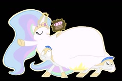 Size: 1280x851 | Tagged: artist needed, safe, character:princess celestia, species:alicorn, species:pony, black background, cake, carrying, chubbylestia, fat, female, male, mare, obese, princess, royal guard, simple background, stallion