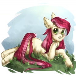 Size: 1825x1848 | Tagged: artist needed, safe, character:roseluck, species:earth pony, species:pony, back fluff, behaving like a cat, bow, collar, cute, digital art, ear fluff, female, fluffy, grass, grin, hoof fluff, leg fluff, looking at you, lying down, mare, pony pet, rosepet, smiling, solo, teeth