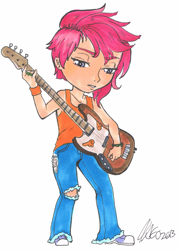 Size: 3081x4272 | Tagged: artist needed, safe, character:scootaloo, species:human, species:pegasus, species:pony, bass guitar, clothing, commission, convention art, converse, female, guitar, humanized, jeans, musical instrument, pants, ripped jeans, scootabass, shoes, simple background, solo, traditional art, white background