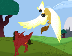 Size: 1320x1019 | Tagged: artist needed, safe, oc, oc:cloud rider, oc:marina too, species:griffon, species:pegasus, species:pony, flying, looking at each other, smiling