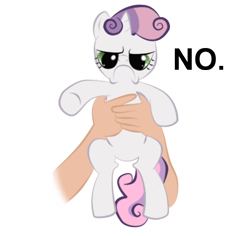 Size: 500x471 | Tagged: artist needed, source needed, safe, character:sweetie belle, species:human, species:pony, frown, glare, grumpy, grumpy belle, grumpy cat, hand, holding a pony, looking at you, no, put me down, sweetie belle is not amused
