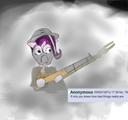Size: 572x538 | Tagged: artist needed, safe, character:starlight glimmer, /mlp/, color, drawthread, gas mask, glimmer, gun, helmet, if only you knew how bad things really are, mask, parody, s5 starlight, smoke, staff, staff of sameness, weapon