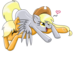 Size: 680x515 | Tagged: artist needed, safe, character:applejack, character:derpy hooves, species:earth pony, species:pegasus, species:pony, ship:derpyjack, accessory swap, applejack's hat, clothing, cowboy hat, cute, derpabetes, eyes closed, female, hat, heart, lesbian, mare, pony pillow, shipping, simple background, smiling, transparent background