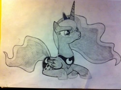 Size: 960x717 | Tagged: artist needed, source needed, safe, character:princess luna, drawing, monochrome, photo, prone, solo