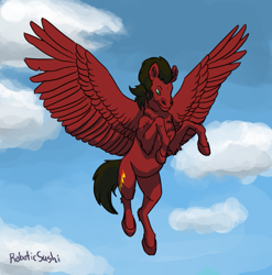 Size: 857x866 | Tagged: artist needed, safe, oc, oc only, oc:cloud rider, species:pegasus, species:pony, flying, realistic, smiling