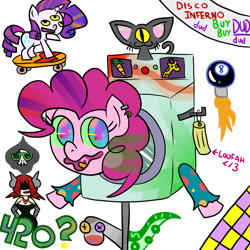 Size: 2000x2000 | Tagged: artist needed, dead source, safe, character:pinkie pie, character:rarity, 420, bizarre, carrot, cyclops, giraffe, not salmon, skateboard, sock puppet, surreal, tentacles, third eye, washing machine, wat, what has science done