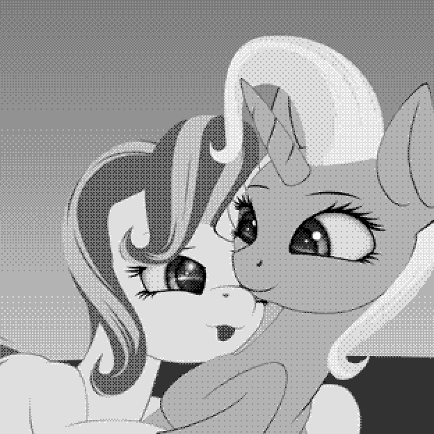 Size: 624x624 | Tagged: artist needed, source needed, safe, character:starlight glimmer, character:trixie, species:pony, species:unicorn, duo, female, grayscale, halftone, hug, mare, monochrome, offset, smiling, tongue out, wip