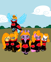 Size: 872x1058 | Tagged: artist needed, safe, character:applejack, character:fluttershy, character:pinkie pie, character:rainbow dash, character:rarity, character:twilight sparkle, akatsuki, mary janes, naruto, pain, pain (naruto), rinnegan, six paths of harmony