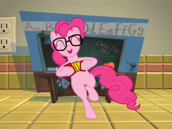 Size: 1024x768 | Tagged: artist needed, safe, edit, character:pinkie pie, species:earth pony, species:pony, accordion, bipedal, chalkboard, desk, eyes closed, female, glasses, mare, musical instrument, silly songs, silly songs with pinkie, smiling, veggietales