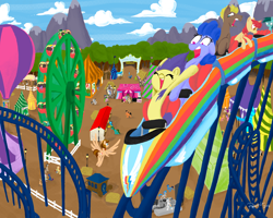 Size: 1600x1280 | Tagged: safe, artist:aliasforrent, oc, oc only, species:earth pony, species:pegasus, species:pony, species:unicorn, amusement park, female, ferris wheel, hot air balloon, male, mare, rollercoaster, stallion, tent, turntable