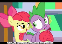 Size: 1440x1020 | Tagged: artist needed, safe, character:apple bloom, character:spike, species:dragon, ship:spikebloom, blushing, female, male, shipping, straight, tail seduce, winged spike, wings