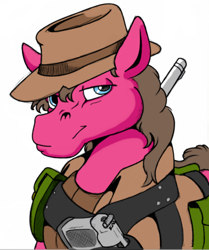Size: 684x817 | Tagged: safe, artist:calbeck, artist:roycalbeck, oc, oc only, oc:cherry pie, species:earth pony, species:pony, fallout equestria, clothing, hat, male, new pegas, simple background, solo, stallion, weapon, white background