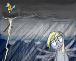Size: 1280x1024 | Tagged: artist needed, safe, character:derpy hooves, character:sunshower raindrops, species:pegasus, species:pony, 30 minute art challenge, body swap, female, lightning, mare, rain