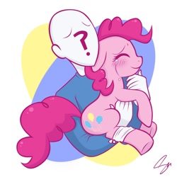 Size: 1500x1500 | Tagged: artist needed, source needed, useless source url, safe, character:pinkie pie, oc, oc:anon, species:pony, bandage, blushing, crying, cute, diapinkes, eyes closed, floppy ears, holding a pony, hug, injured, leg, smiling, tears of joy