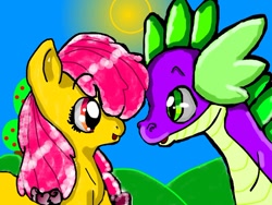 Size: 900x675 | Tagged: artist needed, safe, character:apple bloom, character:spike, ship:spikebloom, apple tree, female, hill, interspecies, looking at each other, male, older, older apple bloom, older spike, ponytail, shipping, sky, straight, sun, tree
