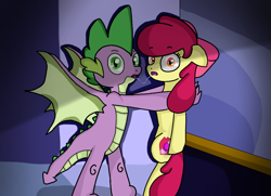 Size: 1533x1110 | Tagged: artist needed, safe, character:apple bloom, character:spike, species:dragon, ship:spikebloom, against wall, caught, dark, drool, drool string, female, kabedon, kissing, male, older, older spike, shipping, straight, winged spike