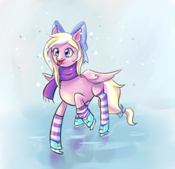 Size: 1550x1500 | Tagged: artist needed, source needed, safe, oc, oc only, oc:bay breeze, species:pegasus, species:pony, clothing, female, ice skating, scarf, snow, socks, solo, striped socks, tongue out