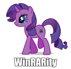 Size: 710x692 | Tagged: artist needed, source needed, safe, character:rarity, image macro, meta, raised leg, rarara, recolor, simple background, smiling, solo, walking, white background, winrar, winrarity
